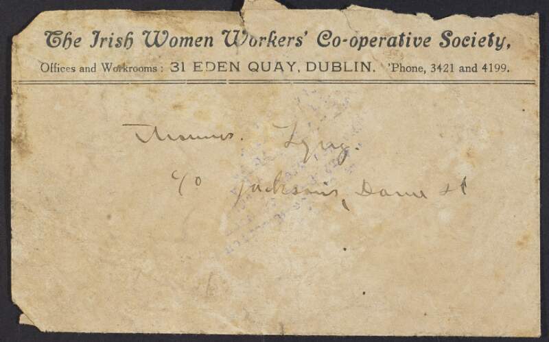 Envelope from James Connolly to Thomas Lyng,