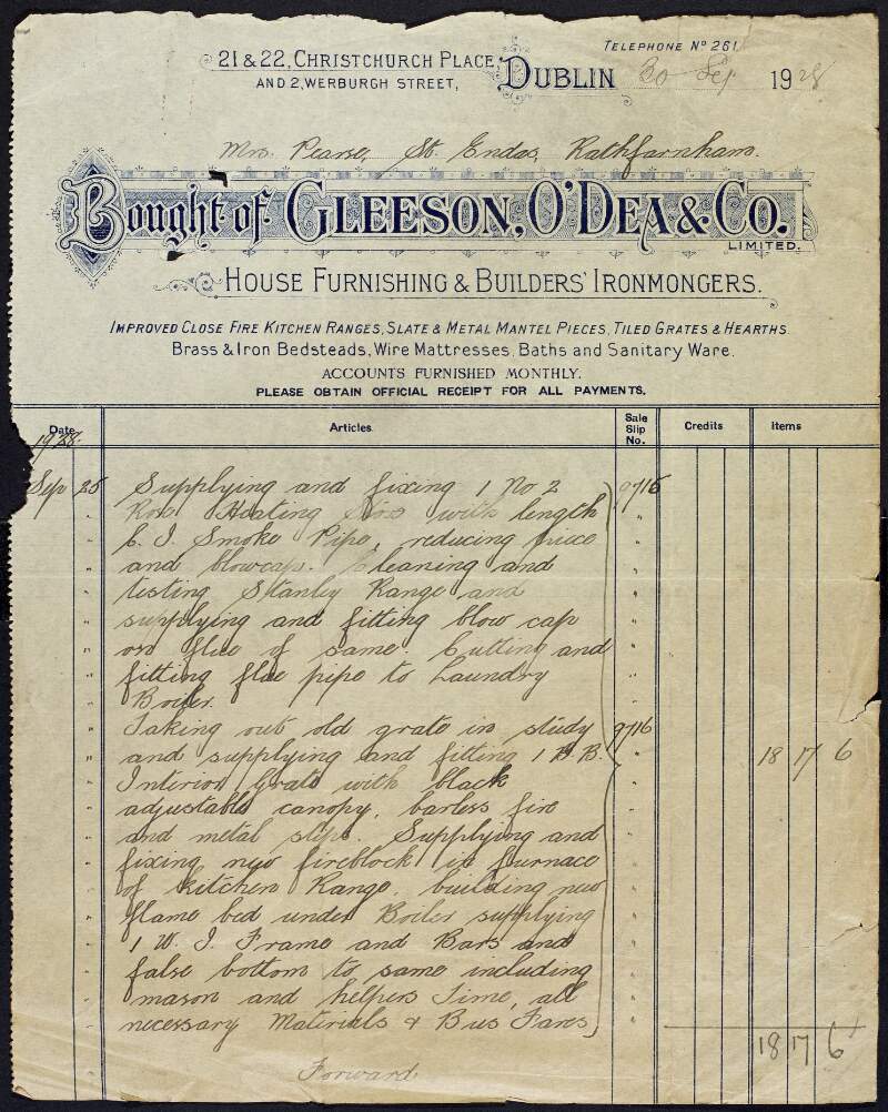 Invoice from Gleeson, O'Dea & Co. to Margaret Pearse for supplying goods to the amount of £20-13-6,