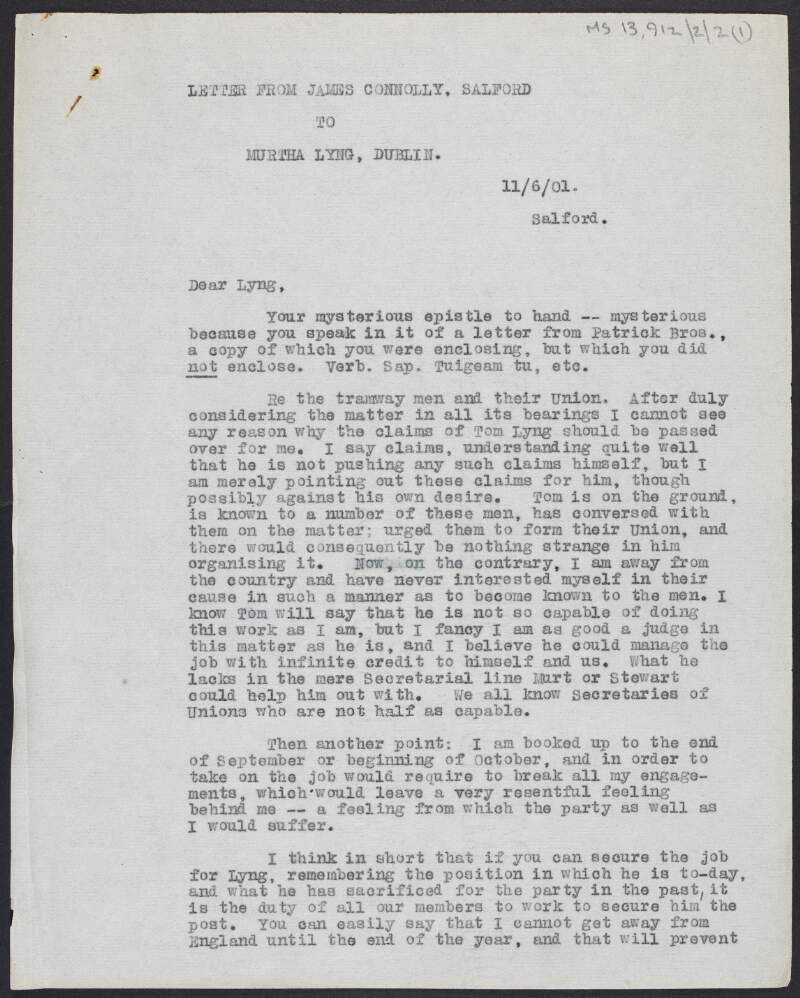 Copy of letter from James Connolly to Murtagh Lyng requesting copies of the 'Workers' Republic' and about the running of Thomas J. Lyng as an election candidate in Dublin,