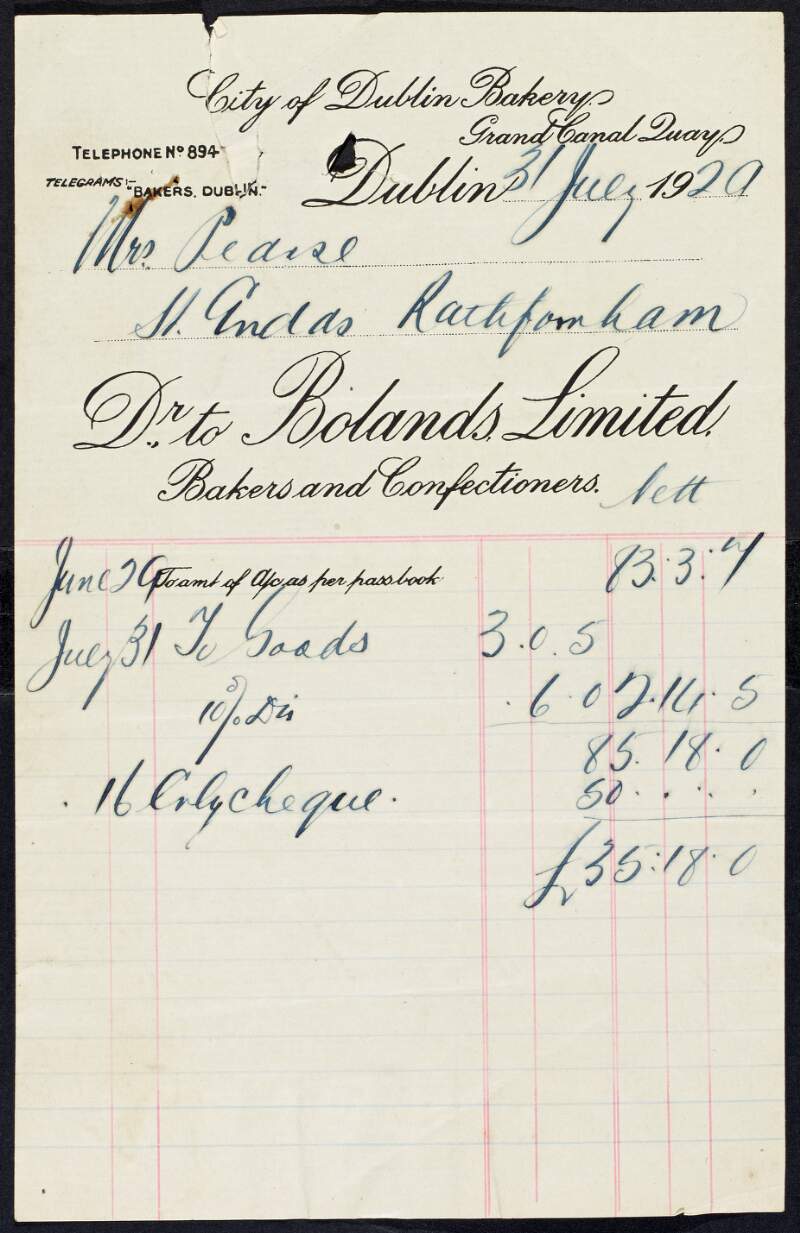 Invoice and receipt of payment from Boland's Bakers to Margaret Pearse,