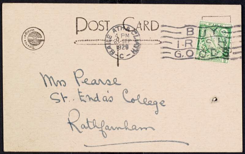 Postcard from the Educational Company of Ireland to Margaret Pearse,