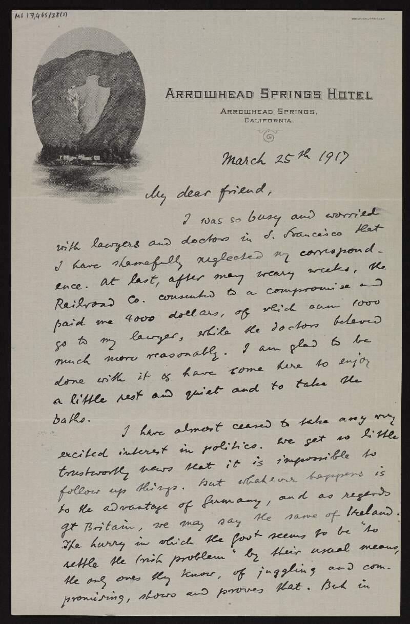 Letter from Kuno Meyer to Joseph McGarrity about how the railroad company agreed to pay him $4000 in compensation for his accident, and his loss of interest in politics due to the lack of trustworthy news "but whatever happens is to the advantage of Germany" and how public opinion in Germany, according to his wife, is against peace talks in the belief that Germany is winning, with an enclosed pamphlet [not extant] on Austria-Hungary