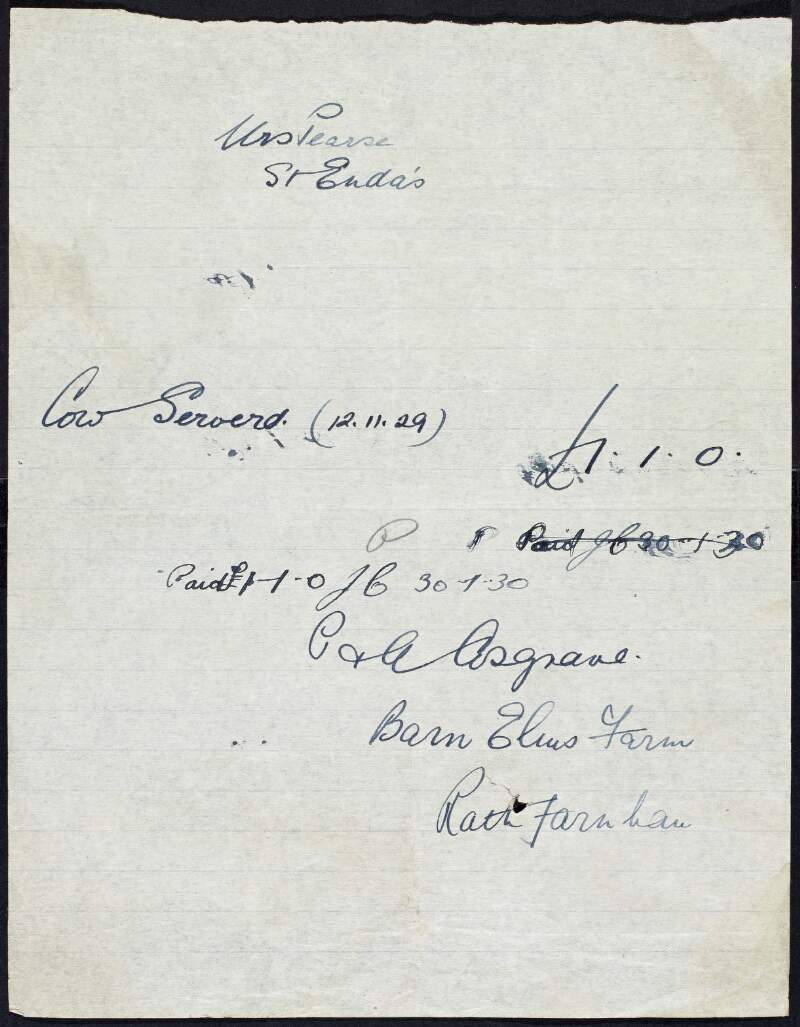Invoice from P. & A. Cosgrave of Barn Elms Farm, Rathfarnham, to Margaret Pearse,