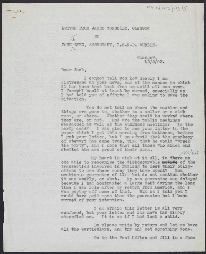 Copy of letter from James Connolly to John J. Lyng expressing shock at news from Ireland and asking "is the party dead",