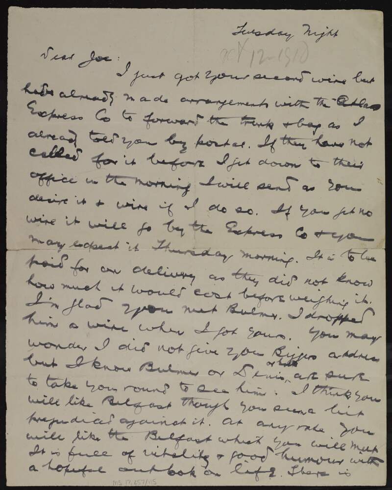 Letter from Patrick McCartan to Joseph McGarrity about McGarrity's trip to Belfast,