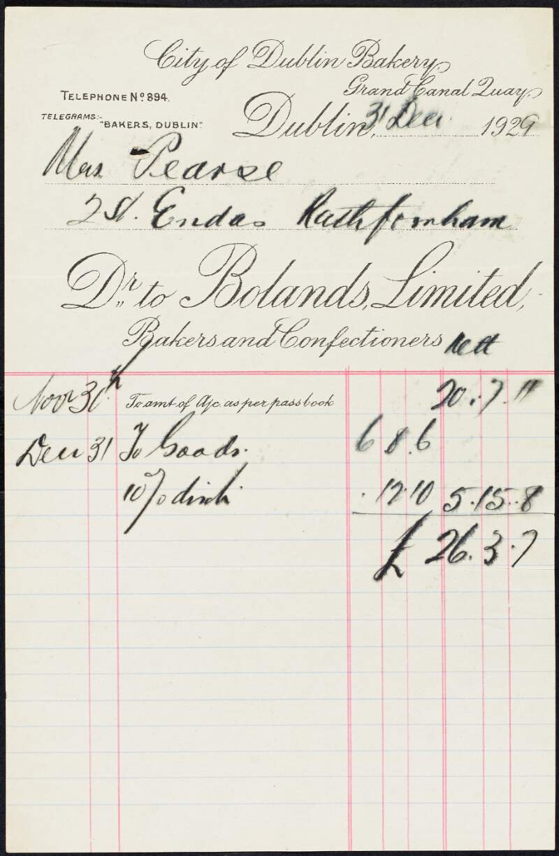 Invoice from Bolands Limited to Margaret Pearse to the amount of £26-3-7,
