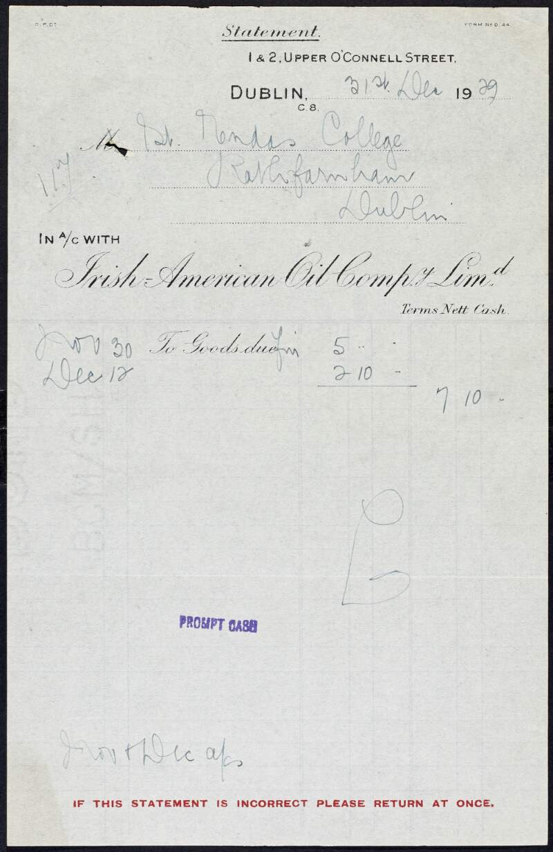 Receipt from the Irish-American Oil Company Limited to St. Enda's School to the amount of £7-10-0