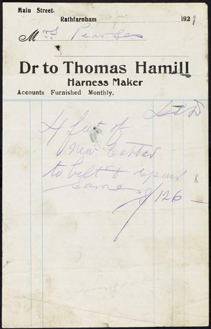 Invoice from Thomas Hamill, harness maker, to Margaret Pearse to the amount of £12-6-0,