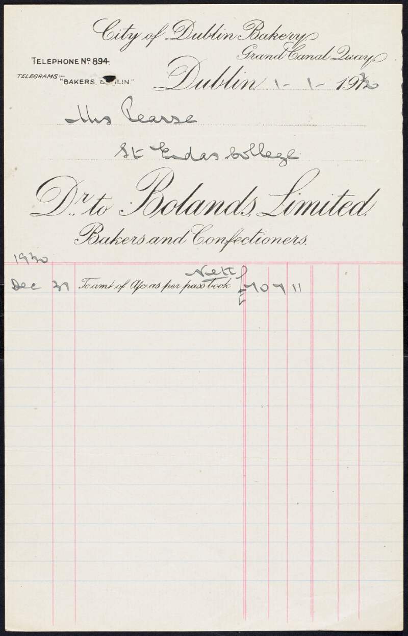 Invoice from Bolands Limited to Margaret Pearse to the amount of £70-7-11,