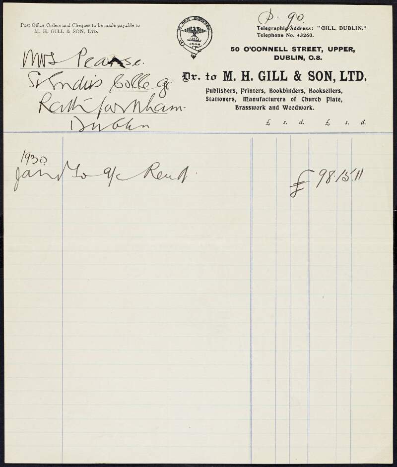 Two copies of invoices from M. H. Gill & Son, Ltd., to Margaret Pearse for payment of rent to the amount of £98-15-11,