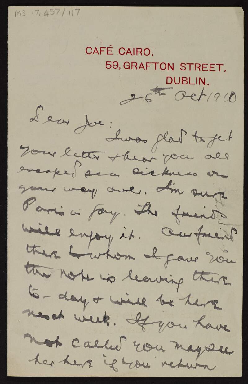 Letter from Patrick McCartan to Joseph McGarrity regarding his examination grades,