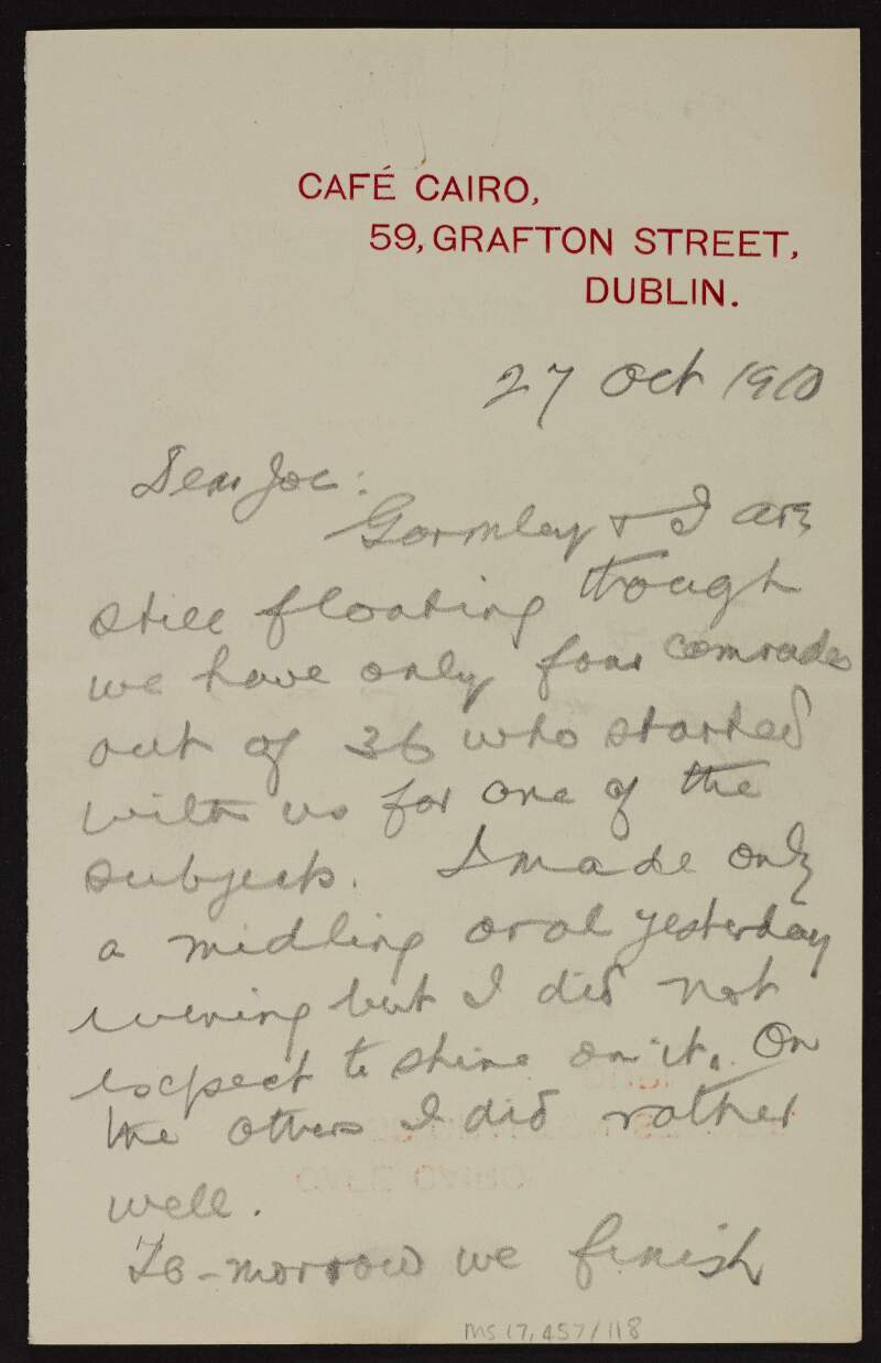 Letter from Patrick McCartan to Joseph McGarrity informing him how he performed in his exams the previous evening,