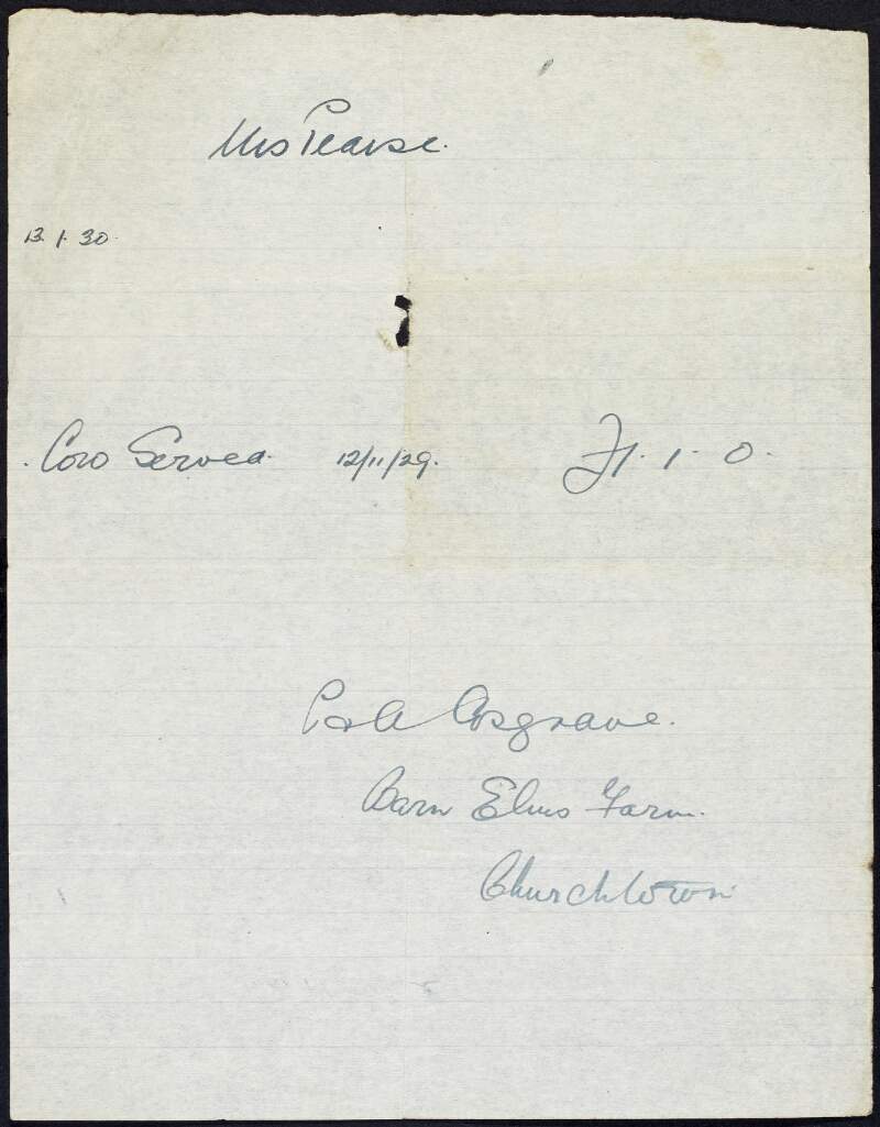 Invoice from P. & A. Cosgrave of Barn Elms Farm, Churchtown, Co. Dublin, to Margaret Pearse for a "cow served" to the amount of £1-1-0,