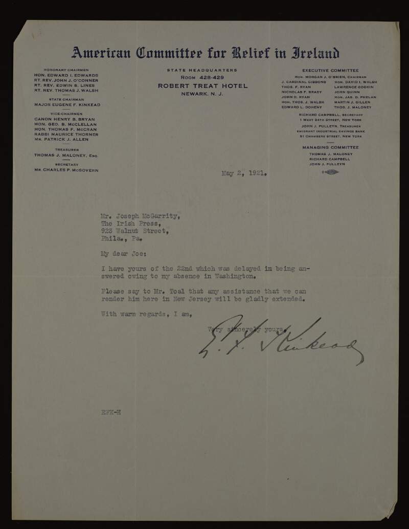 Letter from Eugene F. Kinkead to Joseph McGarrity offering any assistance that he can render to "Mr. Toal",