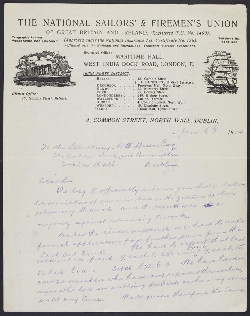 Letter from J. E. Lott and William Barnes of the National Sailors' and Firemen's Union, to William O'Brien, secretary of the Strike Fund of the Dublin Trades Council, regarding the result of a ballot of its members on returning to work,