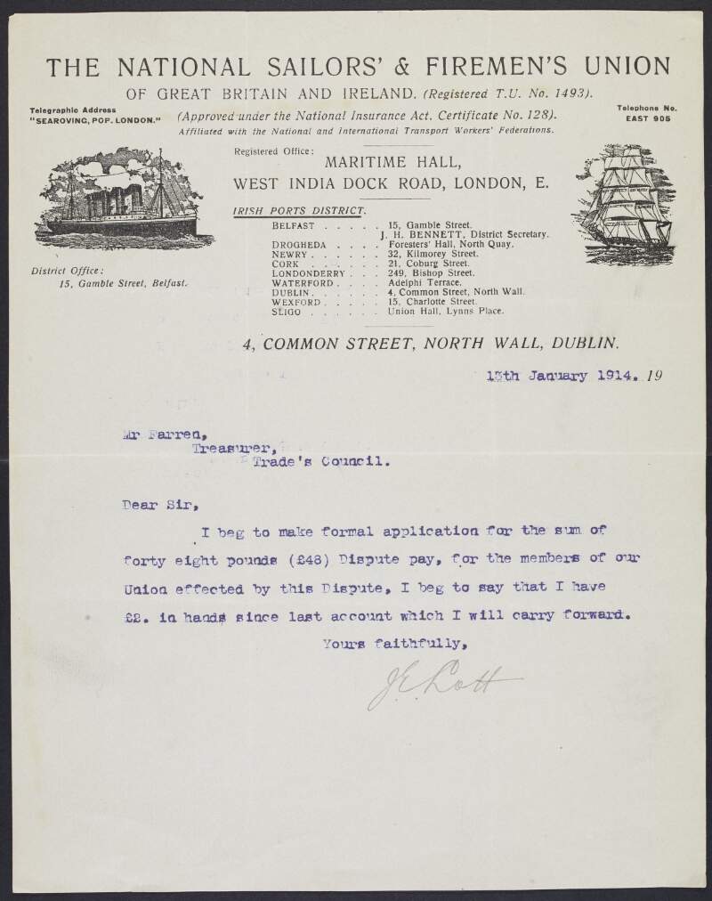 Letter from J. E. Lott of the National Sailors' and Firemen's Union, to John Farren, treasurer of the Dublin Trades Council, submiting an application for financial aid for lockout pay,