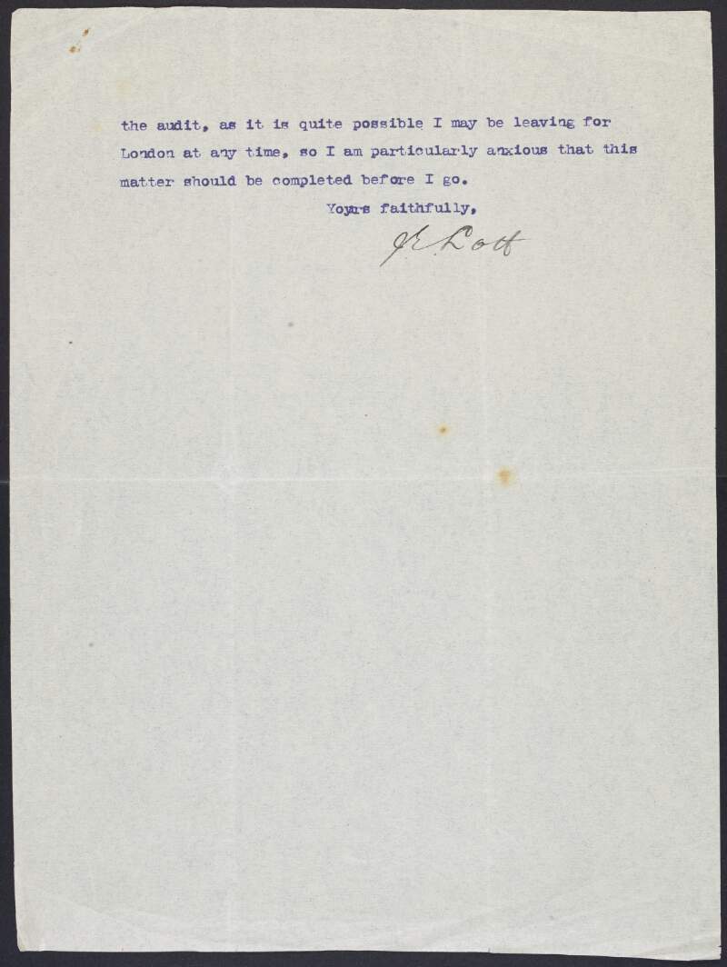 Letter from J. E. Lott of the National Sailors' and Firemen's Union, to William O'Brien, secretary of the Dublin Trades Council Fund, regarding arrangements for an audit of their accounts in relation to providing lockout pay,