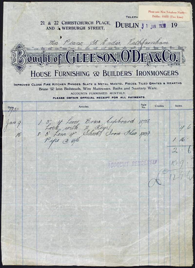 Invoice from Gleeson, O'Dea & Co. to Margaret Pearse to the amount of £12-9-6,