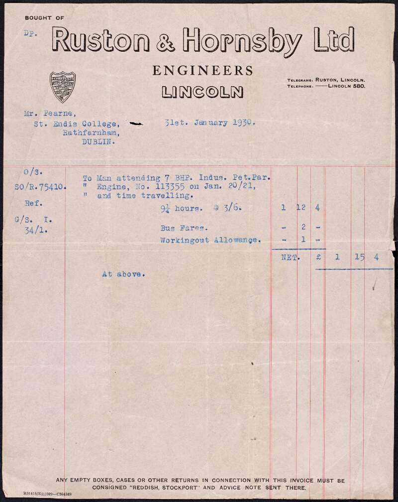 Invoice from Ruston & Hornsby Ltd. to Margaret Pearse to the amount of £1-15-4,