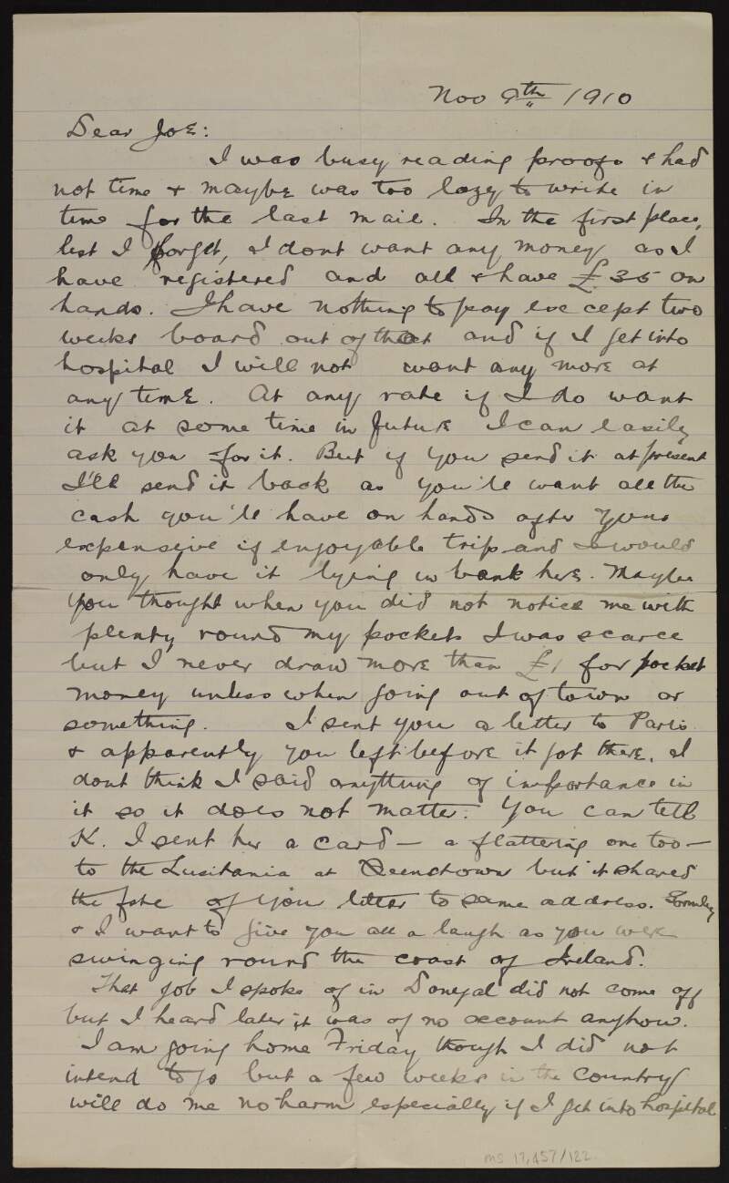 Letter from Patrick McCartan to Joseph McGarrity regarding his studies and intention to sit the National University exam now that he is qualified from the Royal College of Surgeons,
