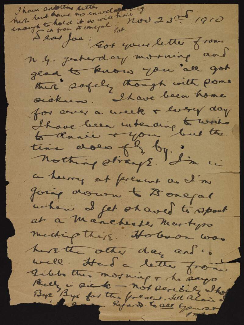 Letter from Patrick McCartan to Joseph McGarrity informing him that he is going to a Manchester Martyrs meeting in Donegal,