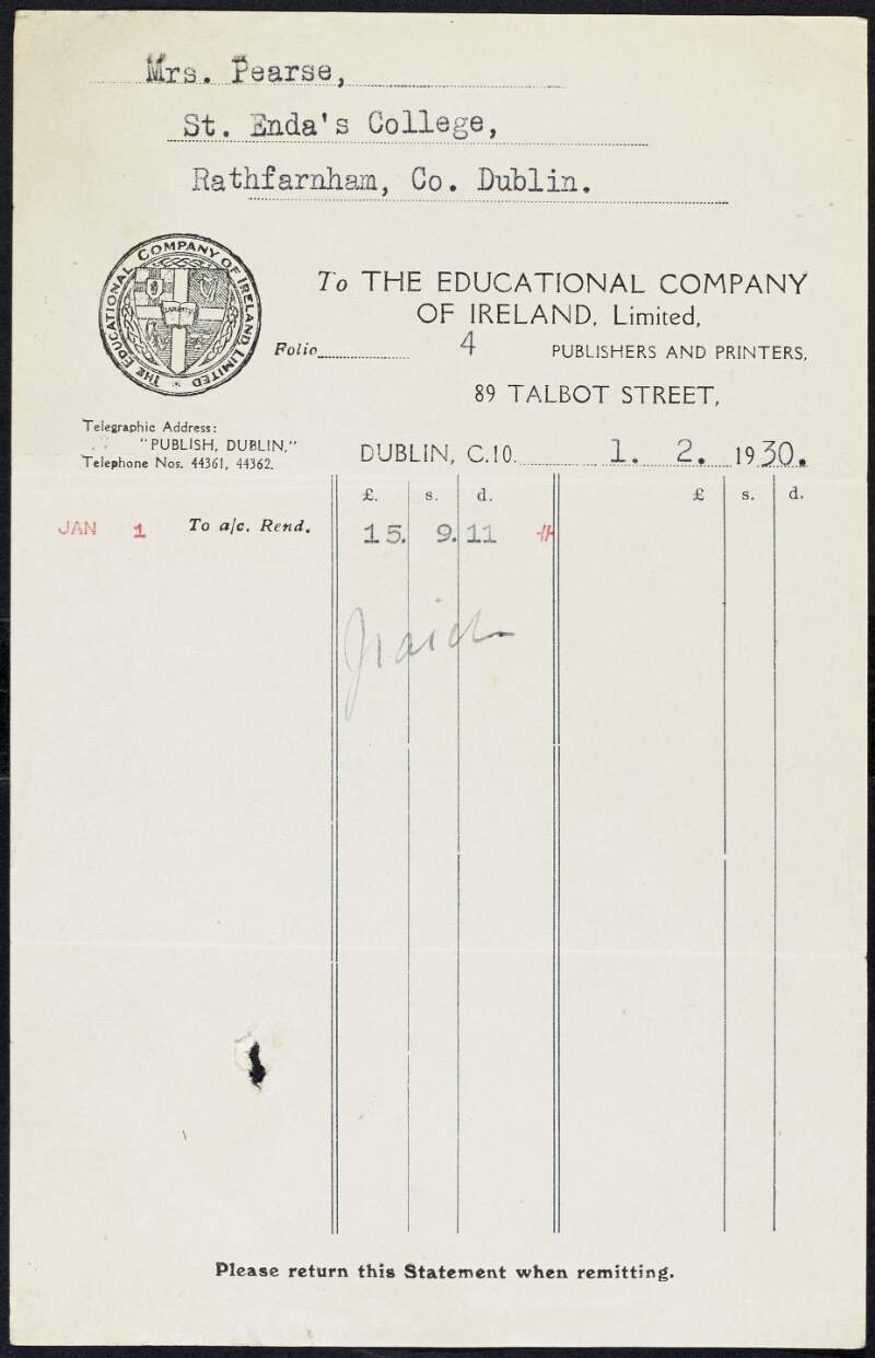 Invoice from the Educational Company of Ireland to Margaret Pearse, marked paid, to the amount of £15-9-11,
