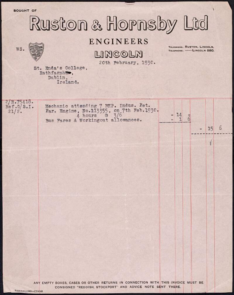 Invoice from Ruston & Hornsby Ltd. to Margaret Pearse to the amount of £0-15-6,