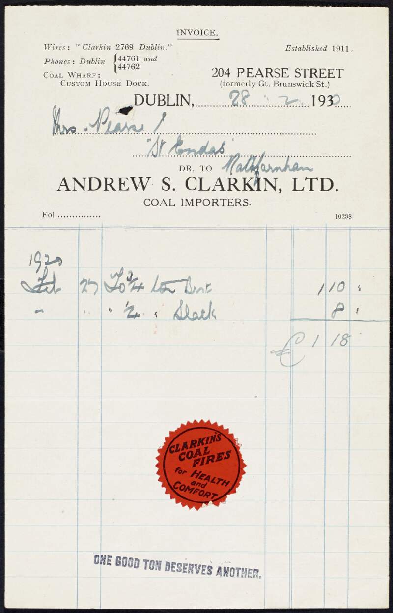 Invoice from Andrew S. Clarkin Ltd., coal importers, to Margaret Pearse to the amount of £1-18-0,