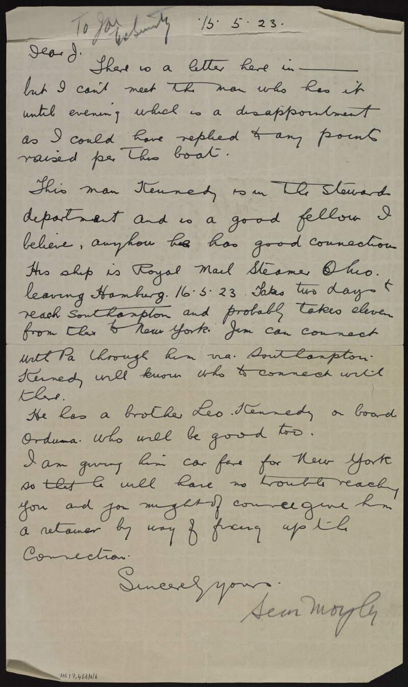 Letter from Seán Moylan to Joseph McGarrity, discussing his travel plans to go from Hamburg by steamer to Southampton and then to New York,
