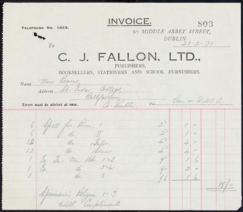 Invoice from C. J. Fallon, Ltd., to Margaret Pearse to the amount of £0-15-0,