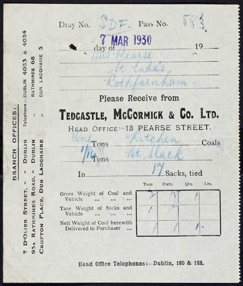 Receipt of delivery of 17 sacks of coal from Tedcastle, McCormick & Co. to Margaret Pearse at St. Enda's Schoool,