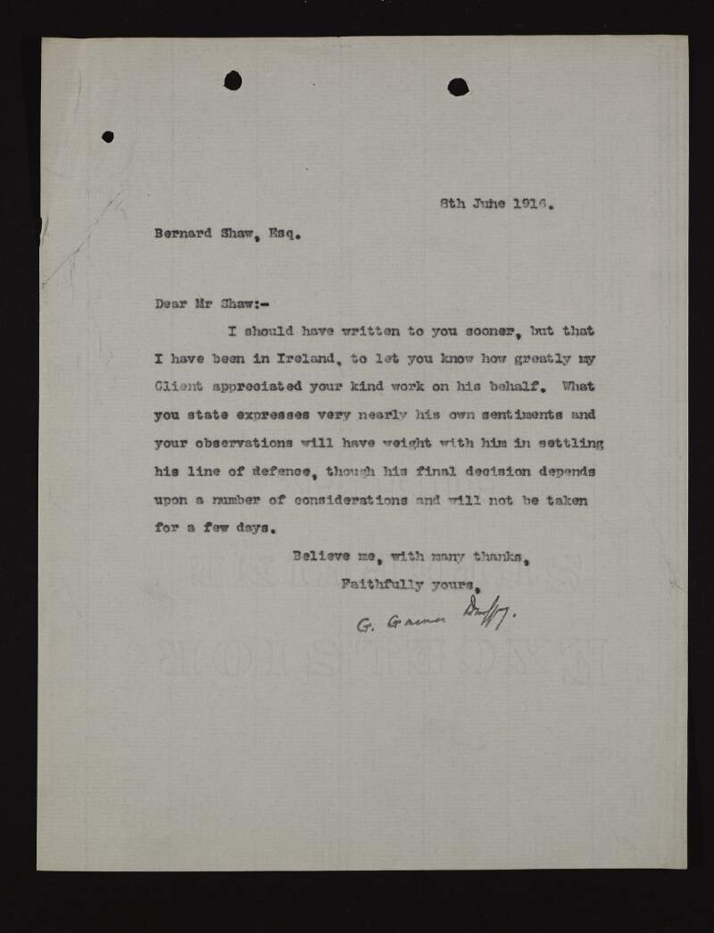 Letter from George Gavin Duffy to Bernard Shaw thanking him for his kind work relating to Roger Casement's defence,