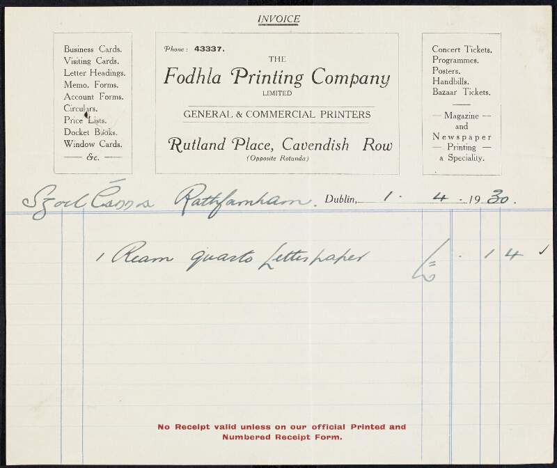 Invoice from the Fodhla Printing Company to Margaret Pearse to the amount of £0-1-4,