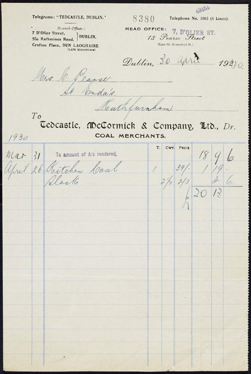 Invoice from Tedcastle, McCormick & Company, Ltd., to Margaret Pearse to the amount of £20-13-0