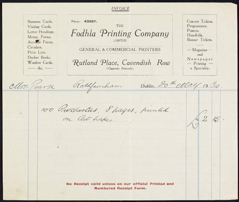 Invoice from the Fodhla Printing Company to Margaret Pearse to the amount of £2-15-0,