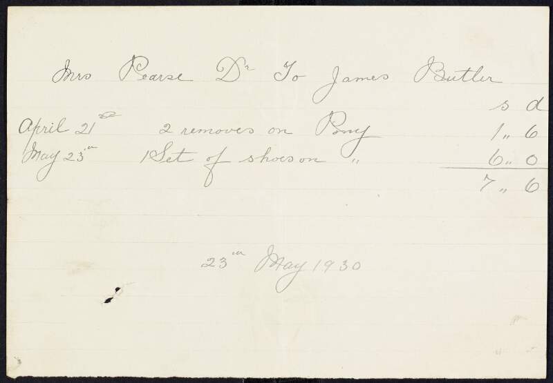 Invoice from James Butler, farrier, to Margaret Pearse,