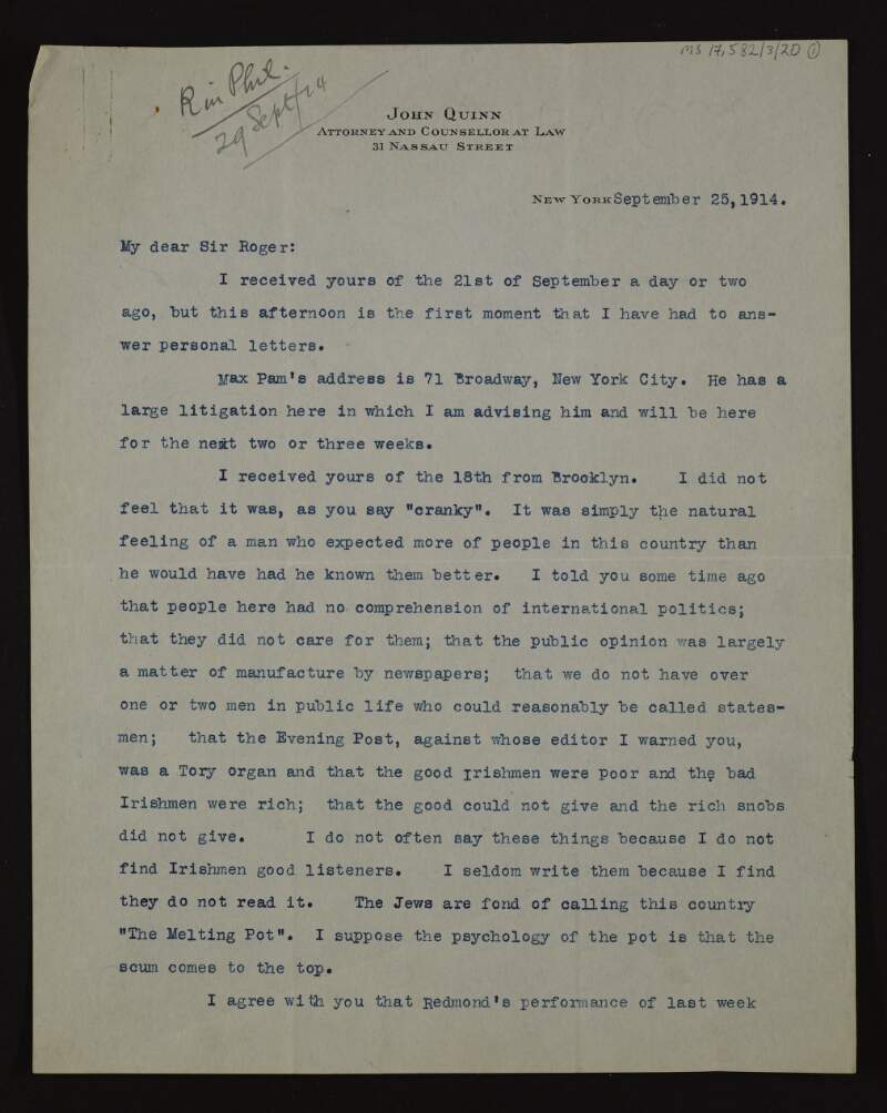 Letter from John Quinn to Roger Casement in which he discusses John Redmond and "the slapping of the Home Rule Bill upon the Statute Book",