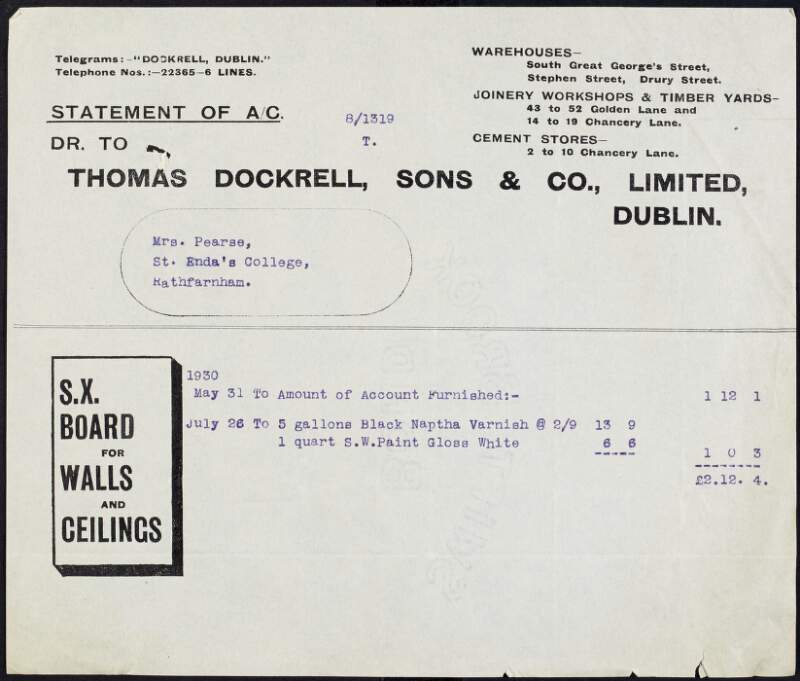 Invoice from Thomas Dockrell, Sons & Co. to Margaret Pearse to the amount of £2-12-4,