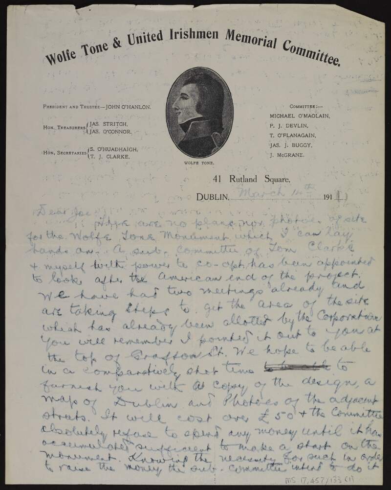 Letter from Patrick McCartan to Joseph McGarrity regarding the site and funding for a Wolfe Tone monument in Dublin,