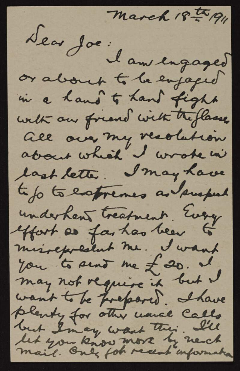 Postcard from Patrick McCartan to Joseph McGarrity informing him that he is "about to be engaged in a hand to hand fight" with their "friend with the glasses" over his resolution regarding the Royal visit,