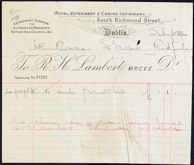 Invoice from The Royal Veterinary & Canine Infirmary to Margaret Pearse for the amount of £1-1-0,