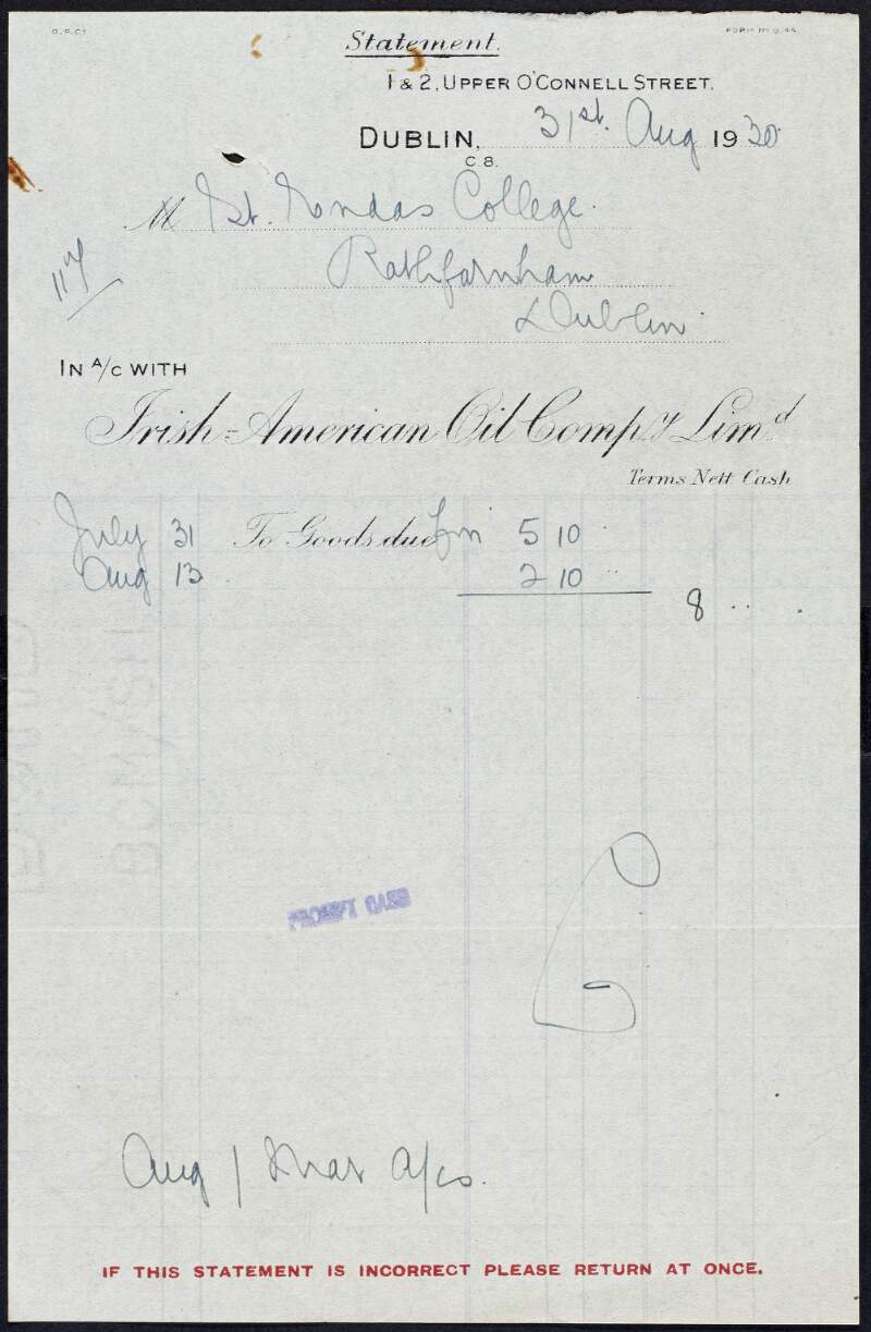 Invoice from the Irish-American Oil Company Limited to Margaret Pearse to the amount of £8-0-0,