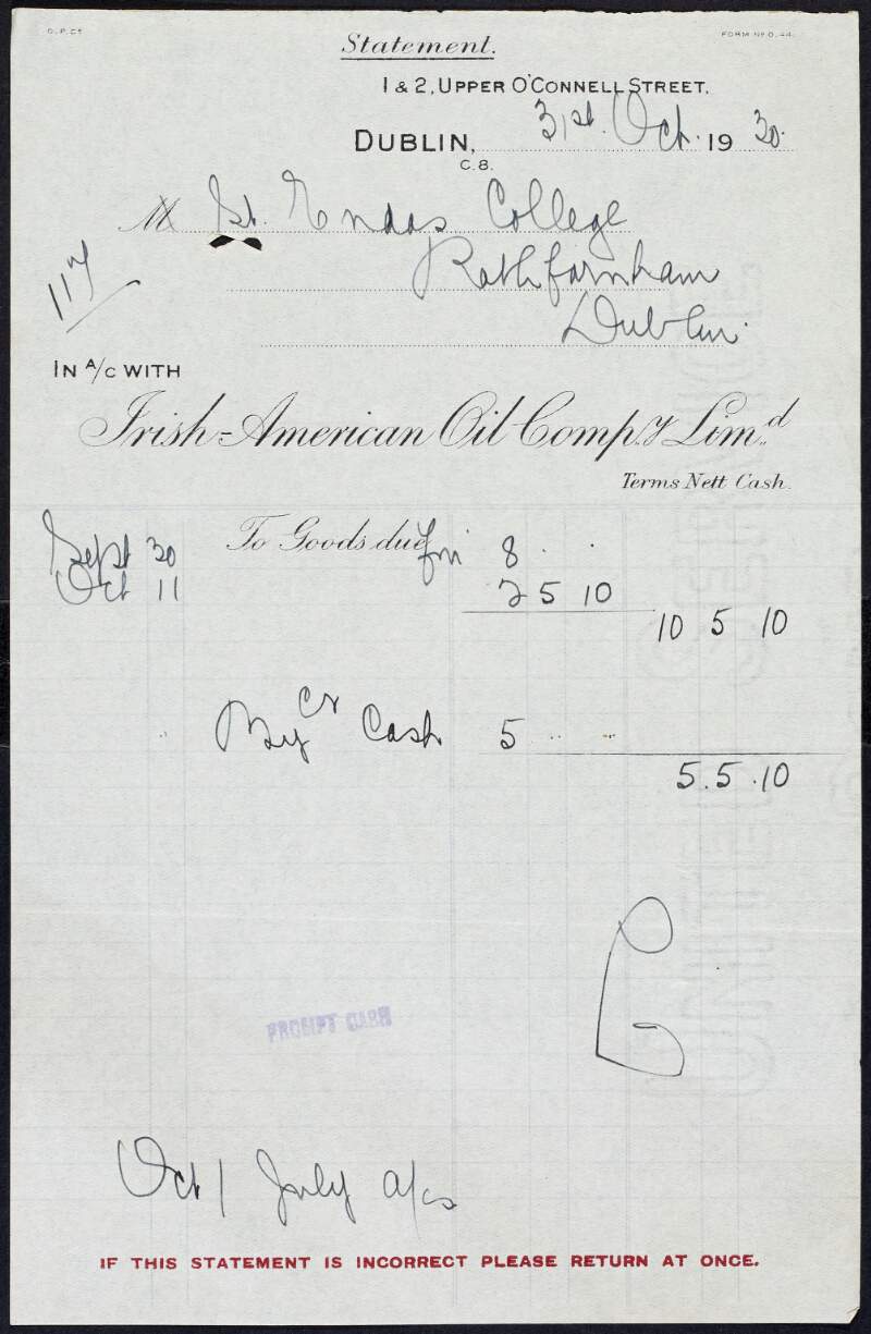 Invoice from the Irish-American Oil Company Limited to Margaret Pearse to the amount of £5-5-10,