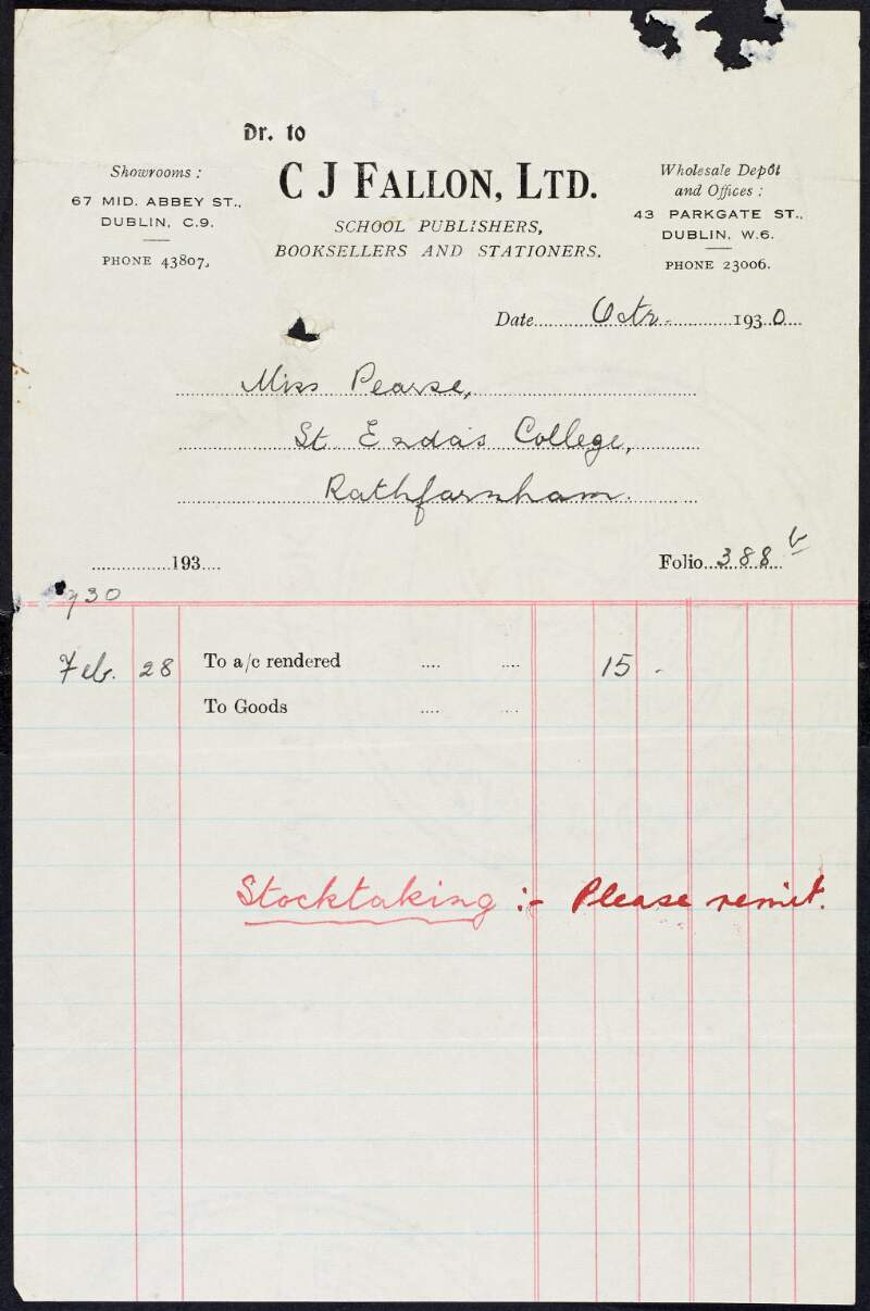 Invoice from C. J. Fallon, Ltd., to Margaret Pearse to the amount of £0-15-0,