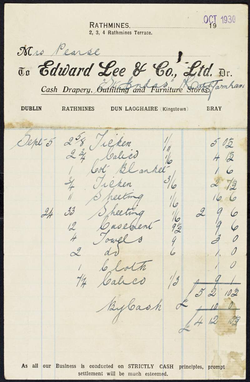 Invoice from Edward Lee & Co. to Margaret Pearse to the amount of £4-12-10 & 1/2,