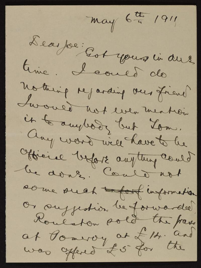 Letter from Patrick McCartan to Joseph McGarrity informing him that he is performing in 'The Memory of the Dead' in the Abbey Theatre,
