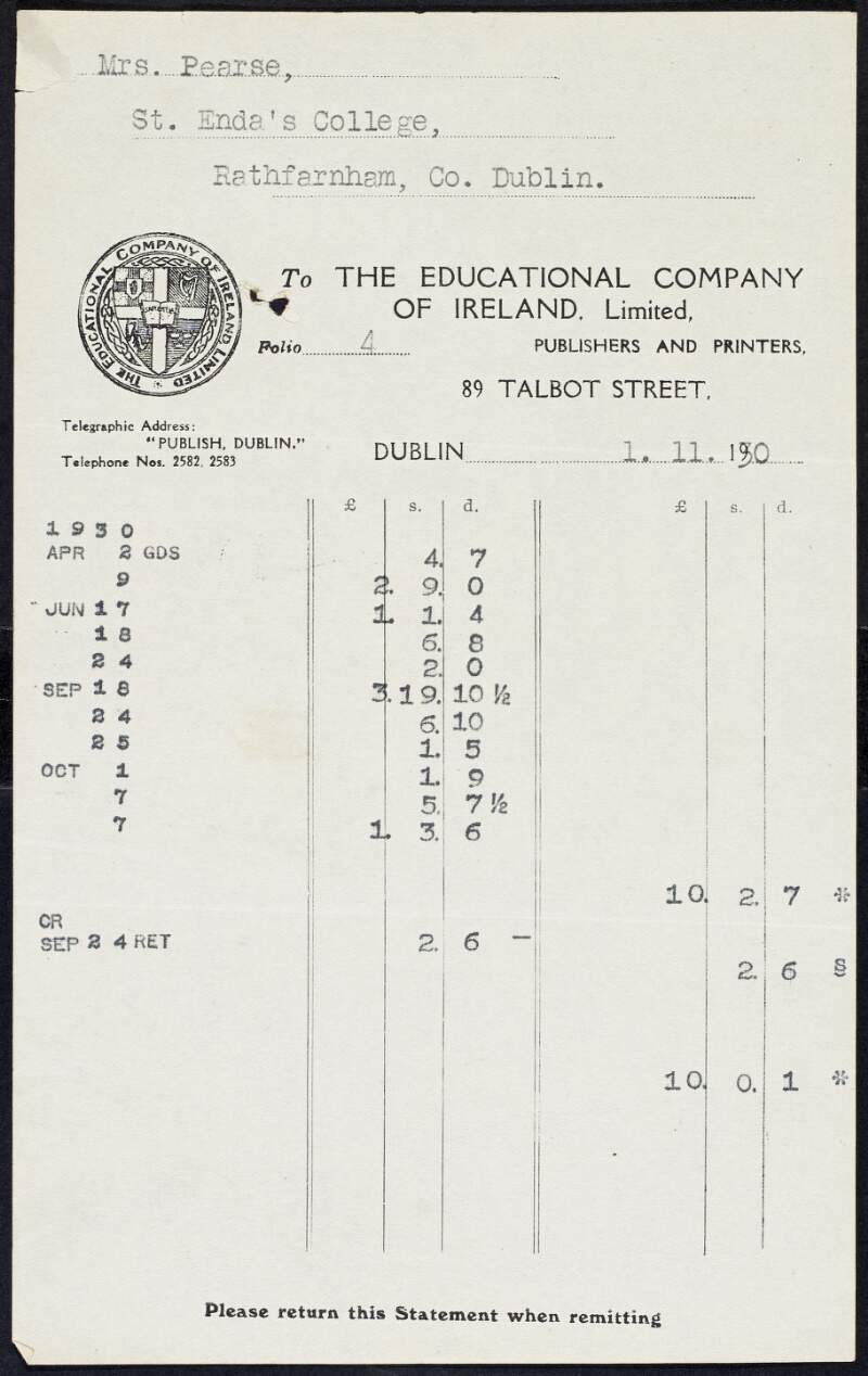 Invoice from The Educational Company of Ireland to Margaret Pearse to the amount of £10-0-1,