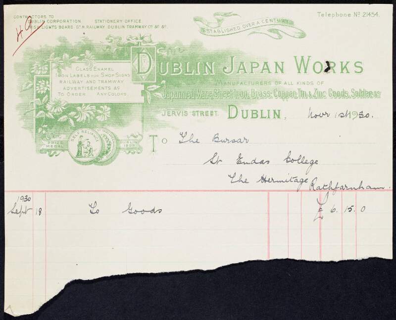 Invoice from Dublin Japan Works to Margaret Pearse to the amount of £6-15-0,