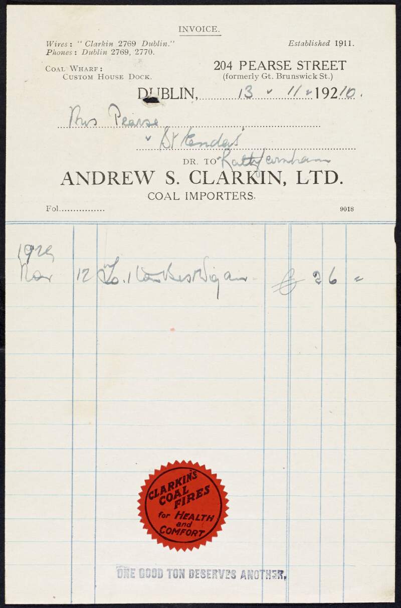 Invoice from Andrew S. Clarkin, Ltd., to Margaret Pearse to the amount of £2-6-0,