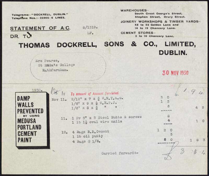 Invoice from Thomas Dockrell, Sons & Co., to Margaret Pearse to the amount of £4-9-6,